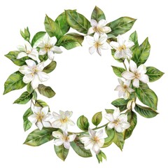 Wall Mural - Watercolor Floral Wreath of White Jasmine Blossoms and Green Leaves on White Background