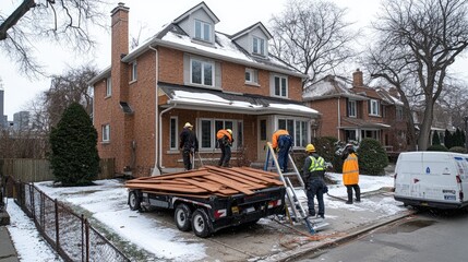 A team works on a Victorian house in St. Petersburg, laying tiles for winter protection against the snowy backdrop