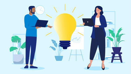 Poster - Office people idea - Two businesspeople  IT workers or developers coming up with new ideas, working on brainstorming and being creative in corporate business setting. Flat design vector illustration