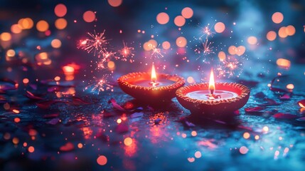 Two lit diyas with sparks