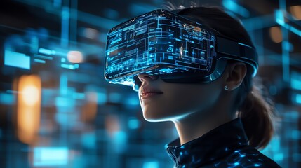 A young woman wearing a VR headset, immersed in a digital world, with a futuristic background.