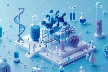 medical laboratory 3d isometric web design. people scientists explore molecular structure of dna on 