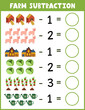 © juliyas - Farm subtraction worksheet for kids. Math activity page with cute farm characters. Calculate and write the result sheet for school and preschool. Vector illustration