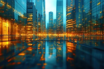 City skyline reflecting golden lights on glass at dusk amidst towering skyscrapers