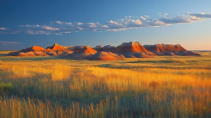 Poster - Sunset over colorful badlands with golden grasslands.