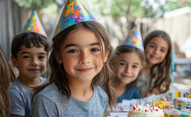 The Down syndrome child is celebrating his birthday outdoors in the garden with his friends.