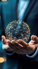 Wall Mural - glowing network sphere hovers above outstretched hands, symbolizing global connectivity and digital 