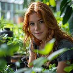 A young woman with red hair smiles as she tends to plants in a greenhouse.