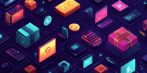 Wall Mural - abstract 3d illustration of a futuristic cityscape with neon lights and glowing geometric shapes.