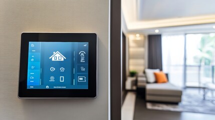 Poster - A high-tech smart home control panel with a digital interface, clean and stylish living room setting, Smart-tech style