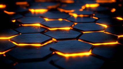 Wall texture with a hexagonal tile pattern. 3D render of futuristic, high tech, dark background.