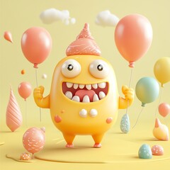 3D food monster with company logo, pastel balloons, natural setting, flat design illustration