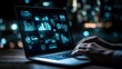 © Wannaeka - Futuristic Interface on Laptop with Cityscape Background: Icons, Graphs, and Charts Representing Technology in Grid Pattern with Bokeh Lights.