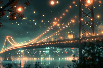 Wall Mural - Enchanting Nightscape of a Bridge Illuminated by Colorful Lights