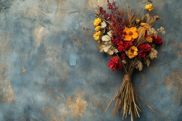 rustic floral decor, dried autumn bouquet elegantly hangs against textured wall, enhancing rustic, c