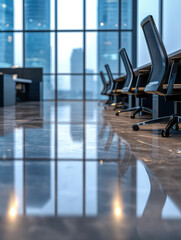 Modern office interior with empty chairs and large windows showcasing a cityscape.