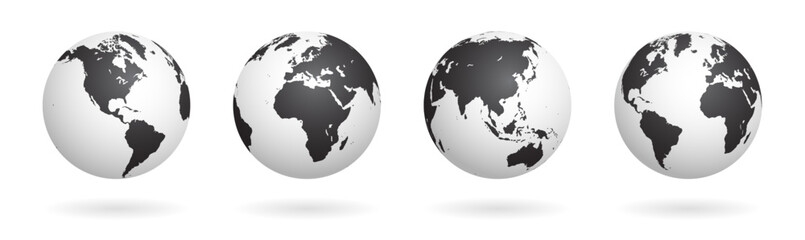 Wall Mural - collection of black and white vector earth globe symbols. different views centered on each continent