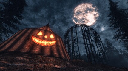 A spooky pumpkin with a glowing face stands under a dramatic moonlit sky, surrounded by dark trees and a dilapidated amusement park structure.