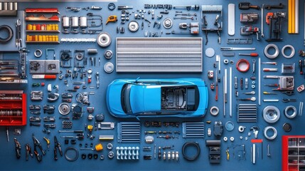 Car Components and Tools Flat Lay Arrangement