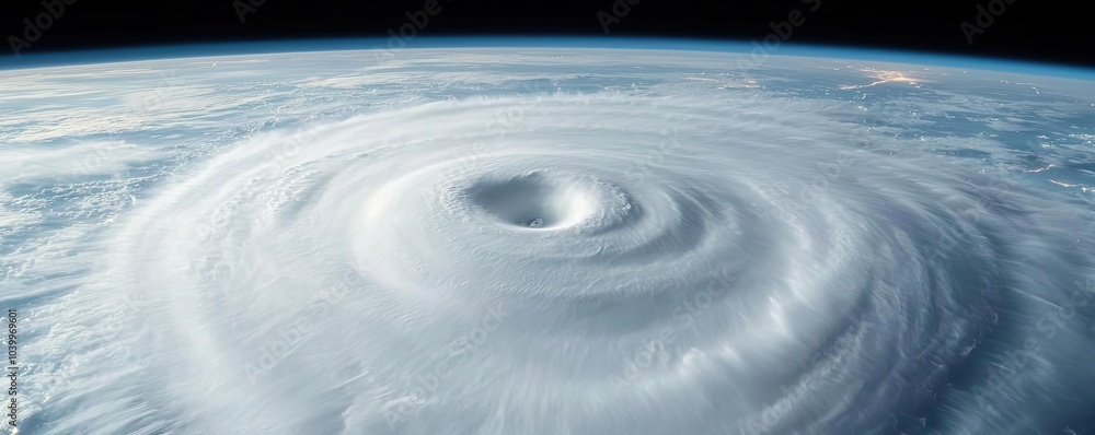 Hurricane viewed from space, swirling clouds with a clear eye in the ...