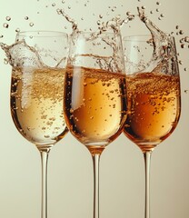 A white background is dominated by glasses of champagne splattered with champagne