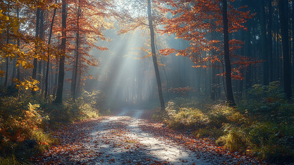 Wall Mural - Forest landscape in orange color for autumn seasonal. The sun shines in from the side. The side light falls on a small tree in autumn leaves.