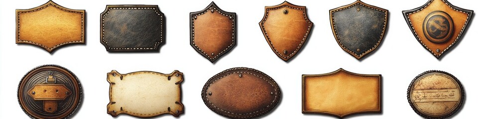vintage craft emblem design with string. brown isolated realistic leather patch with seam template o