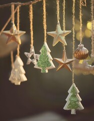 christmas tree shaped decoration collection hanging on twine