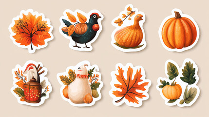 Wall Mural - thanksgiving stickers. vector icon set of autumn elements with roast turkey, cartoon pumpkin food, w