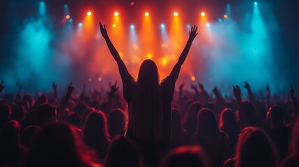 An audience of spectators at a rock concert raise their hands as bright colored rays of light shine through the smoke.