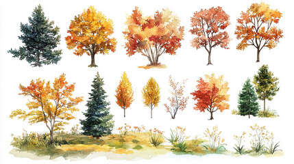 Wall Mural - Vector watercolor of blooming tree isolated on white background for landscape plan and architecture drawing, elements for environment and garden, botanical elements, blooming flowers in autumn.