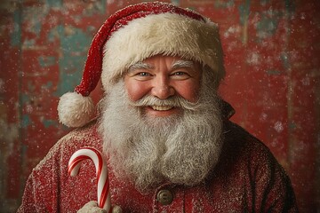 Smiling Santa Claus with candy cane on a snowy background