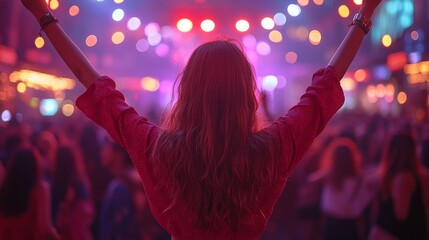 In UV light, silhouettes of people dance in a disco club, listening to music from a DJ. A new year night party and nightlife concept.