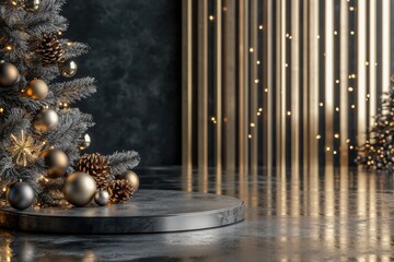 Black Christmas Tree with Gold Ornaments and a Black Platform