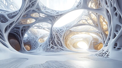 Aufkleber - Exploring the beauty of an abstract white structure with intricate weblike forms a journey through surreal architecture
