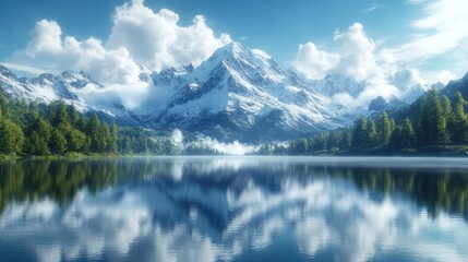 Poster - Serene mountain landscape with a reflective lake and lush forests.