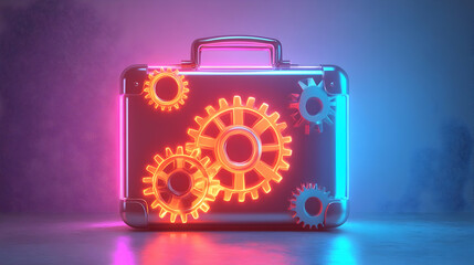 3D Holographic Gear Wheels Rotating Above Glossy Briefcase with Holographic Background, Ample Copy Space for Efficient Business Processes and Management, Iconic Representation of Innovation and Succes