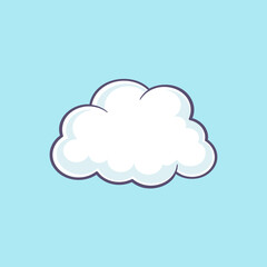 white fluffy cloud with black outline on blue background. vector flat illustration.