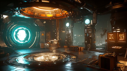 Fototapete - Exploring a futuristic technology room with glowing digital interfaces and advanced innovations in a sci-fi environment