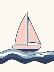Leinwandbilder - A sleek sailboat peacefully sails atop minimalist waves, reflecting a serene and calm ocean atmosphere on a sunny day. Generative AI