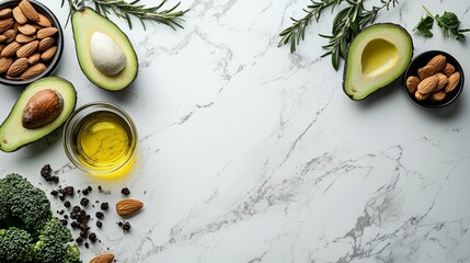 Healthy Fats Arrangement on Marble Background