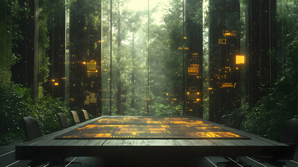 3D Ethereal Boardroom Eco Elements Concept Slow Pan Business Discussion Reclaimed Wood Table Holographic Graphs Environmental Data Fusion Business Nature Forest Backdrop