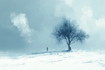 Poster - A lone figure stands in a snowy landscape with a bare tree.