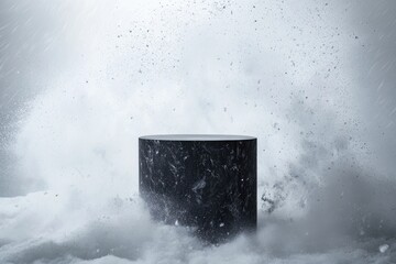 Sticker - Black Cylindrical Pedestal Emerging from a Snowstorm