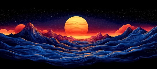 Wall Mural - the background is blue with stars and nebula, neon glowing planets with orbits and falling asteroids