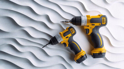 Two yellow rechargeable drills lying on white textured background