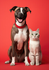 Wall Mural - Happy dog and cat sitting on red background