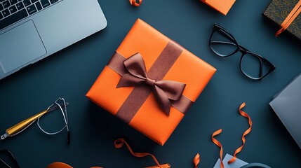 Pen gift box with a ribbon surrounded by office supplies, glasses, and an open laptop