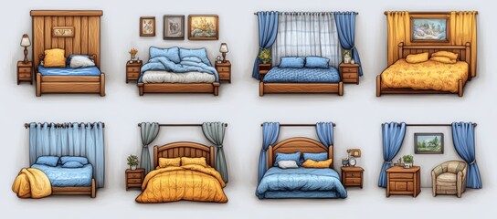 Wall Mural - A wooden beds set isolated on a white background. A modern cartoon illustration of bedroom furniture in asian, Scandinavian, rustic, classic style, colored blankets, cushions, and sheets.