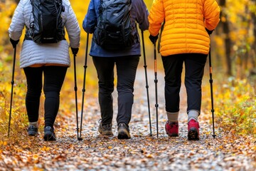 Group of older adults with trekking poles, hiking through a serene, sunlit forest trail during fall, promoting health and active lifestyles for seniors